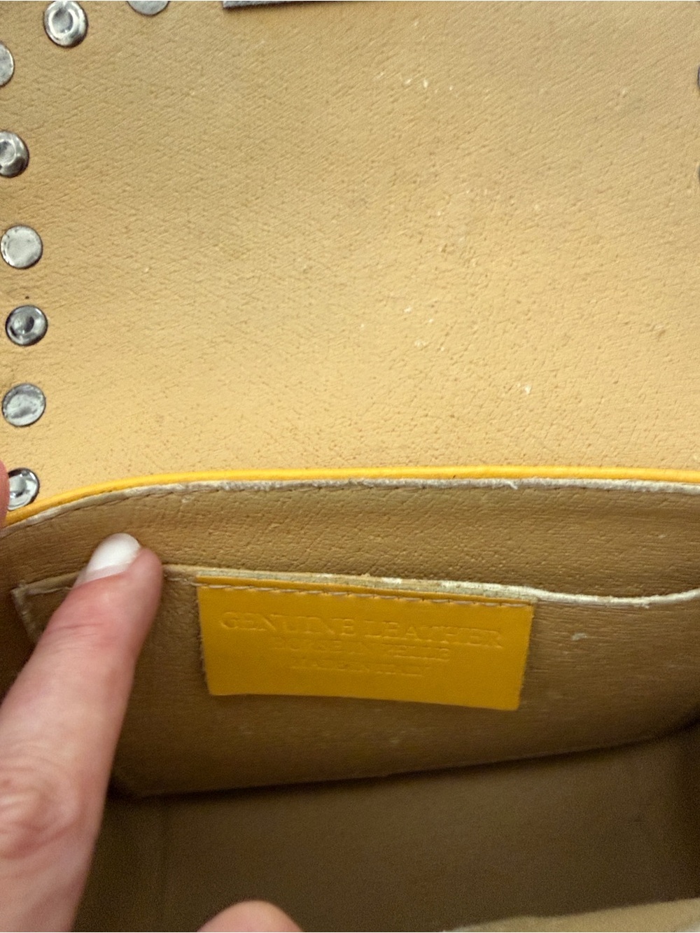 Genuine Leather Studded Crossbody Bag Guitar Strap Mustard Yellow Boho - Picture 8 of 9